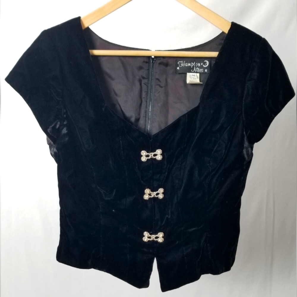 Vintage 80s Black Velvet Hampton Nites Formal Top Rhinestone Buttons Medium